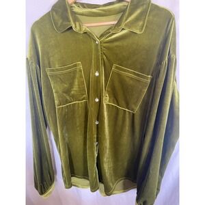 Women's Turquoise Haven Green Velvety Like Button‎ Shirt Size L